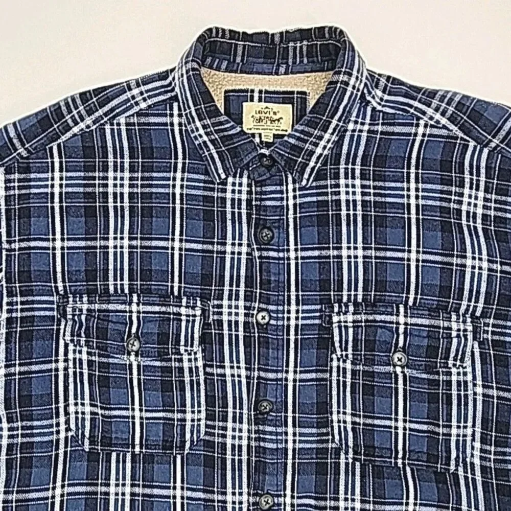 Levi's Flannel Shirt Jacket Blue Plaid Sherpa Lined Men Sz XL Button Pocket